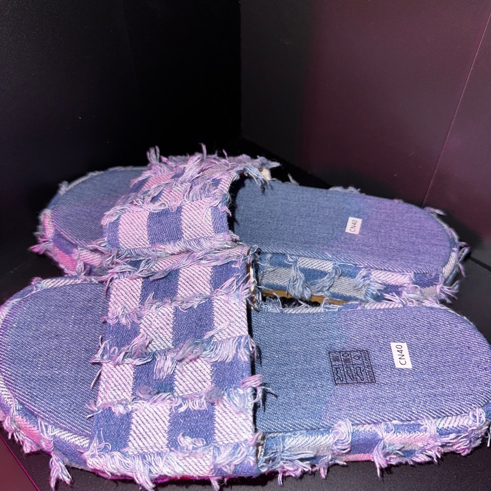 Frayed Denim Checkered Slide Sandals